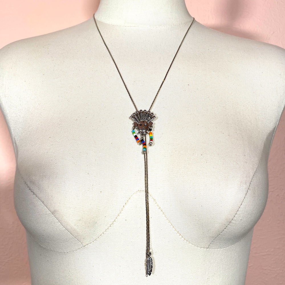 Vintage Silver Tone Native American Summer Festival Southwestern Lariat Necklace